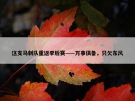 这支马刺队重返季后赛——万事俱备，只欠东风