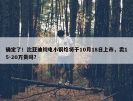 确定了！比亚迪纯电小钢炮将于10月18日上市，卖15-20万贵吗？