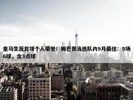 皇马生涯首项个人荣誉！姆巴佩当选队内9月最佳：5场6球，含3点球